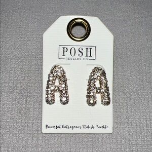 Posh Crystal 'A' Letter Stud Earrings - Gold